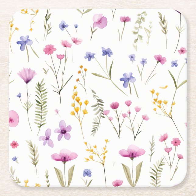 Summer Watercolor Wildflowers Square Paper Coaster (Front)
