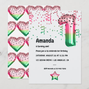 Summer Watermelon Balloon 1st Birthday Party Invitation