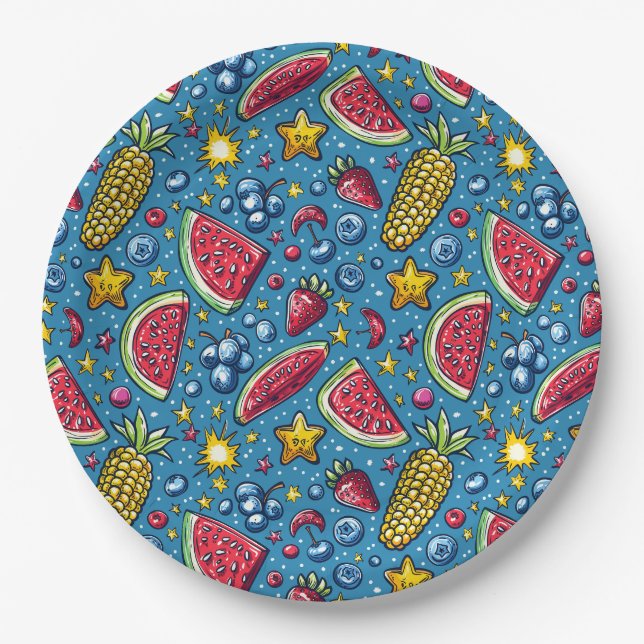 Summer Watermelon Corn and Fruit   Paper Plate (Front)