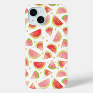 Summer Watermelon Slices & Gold Heart Pattern iPhone 15 Case