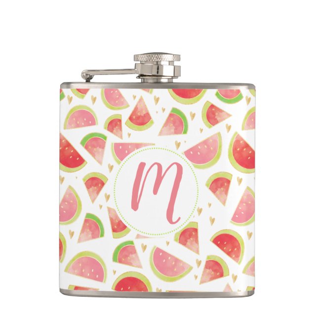 Summer Watermelon Slices & Gold Heart Pattern Hip Flask (Front)