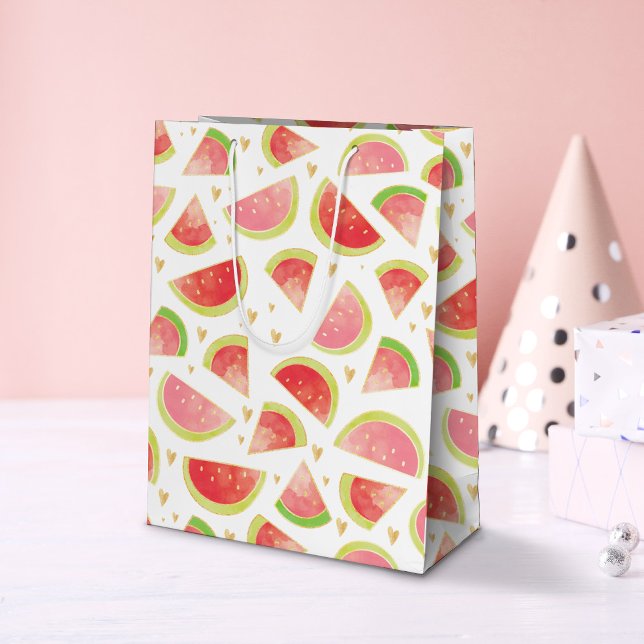 Summer Watermelon Slices & Gold Heart Pattern Medium Gift Bag (Watermelon & Hearts Pattern Gift Bag)