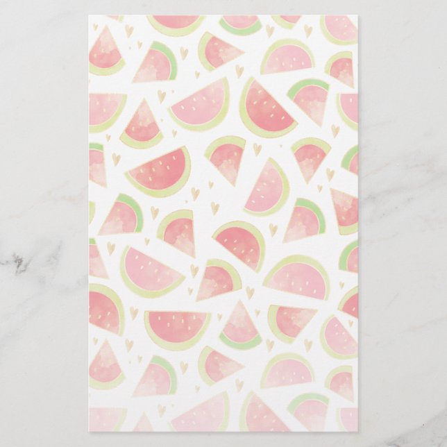 Summer Watermelon Slices & Gold Heart Pattern Stationery (Front)