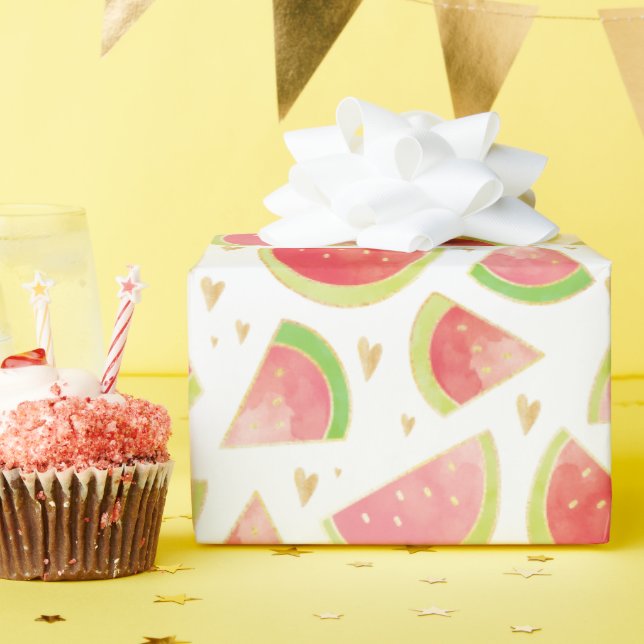 Summer Watermelon Slices & Gold Heart Pattern Wrapping Paper (Birthday Party)