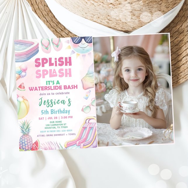 Summer Waterslide Bash Girl Birthday Party Photo Invitation (Creator Uploaded)
