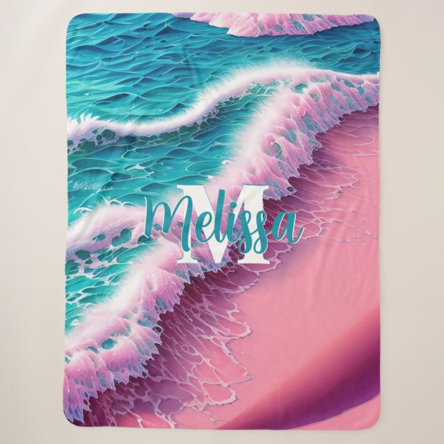 Summer Waves in Pink II Monogram Sherpa Blanket (Front)
