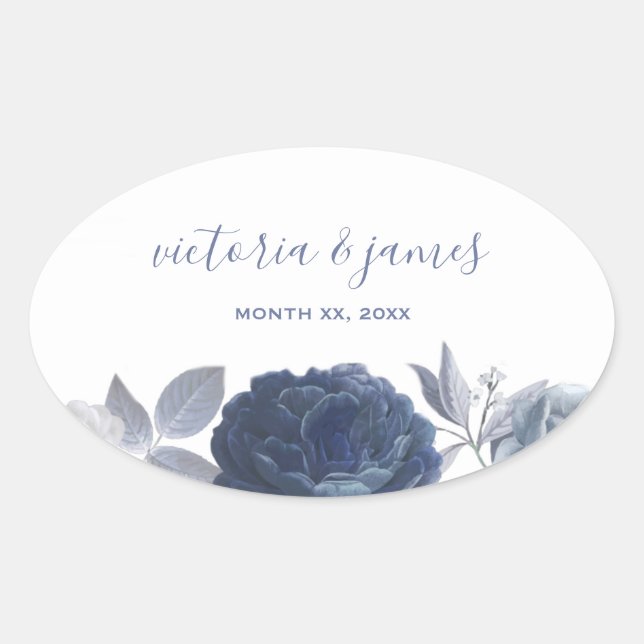 Summer Wedding Bright Blue Floral Oval Sticker (Front)