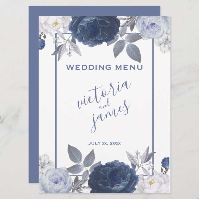 Summer Wedding Bright Blue Floral Reception Menu (Front/Back)
