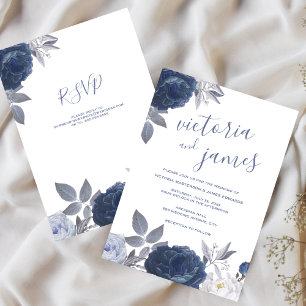 Summer Wedding Bright Blue Floral With RSVP Invitation