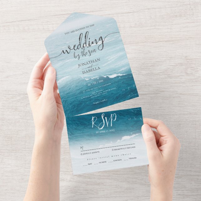 Summer wedding by the blue wavy sea ombre ocean all in one invitation (Tearaway)