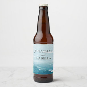 Summer wedding by the blue wavy sea ombre ocean beer bottle label