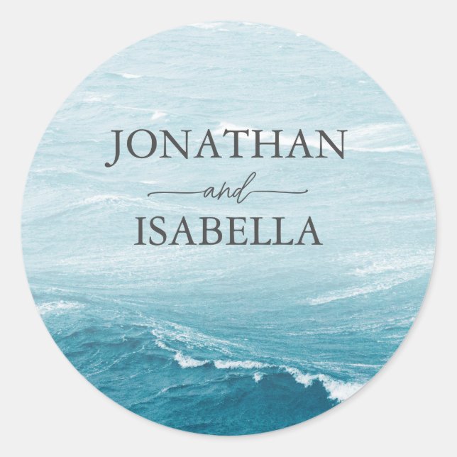 Summer wedding by the blue wavy sea ombre ocean classic round sticker (Front)