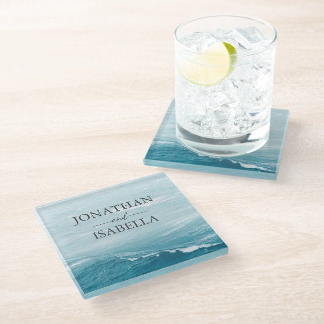 Summer wedding by the blue wavy sea ombre ocean glass coaster (Angled)