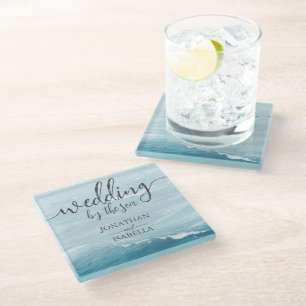 Summer wedding by the blue wavy sea ombre ocean glass coaster