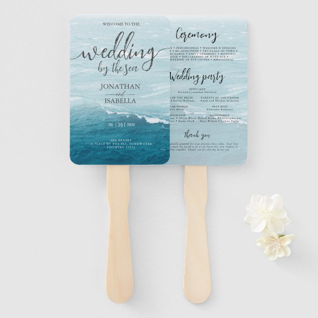 Summer wedding by the blue wavy sea ombre ocean hand fan (Front and Back)