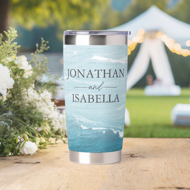 Summer wedding by the blue wavy sea ombre ocean insulated tumbler (Wedding)
