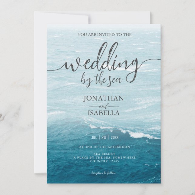 Summer wedding by the blue wavy sea ombre ocean invitation (Front)