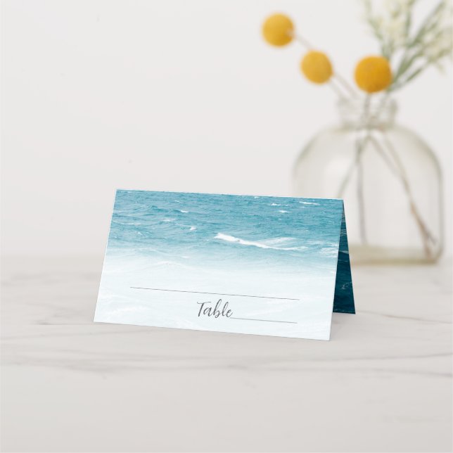 Summer wedding by the blue wavy sea ombre ocean place card (Front)