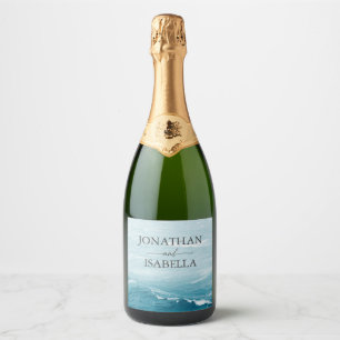 Summer wedding by the blue wavy sea ombre ocean sparkling wine label