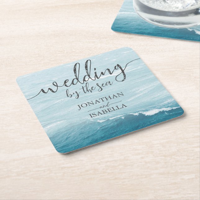 Summer wedding by the blue wavy sea ombre ocean square paper coaster (Angled)