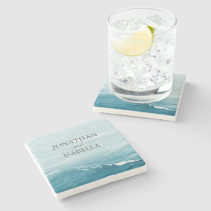 Summer wedding by the blue wavy sea ombre ocean stone coaster