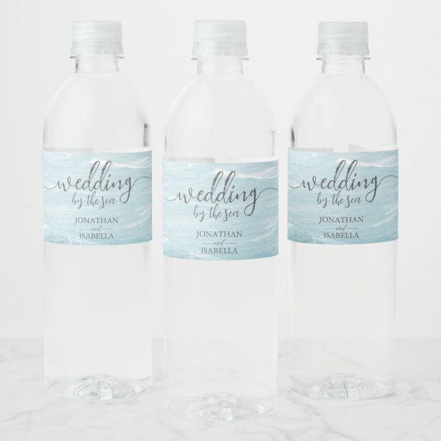 Summer wedding by the blue wavy sea ombre ocean water bottle label (Bottles)