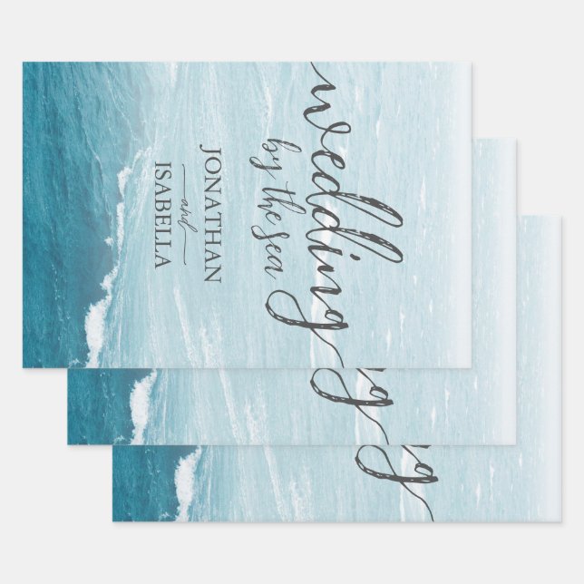 Summer wedding by the blue wavy sea ombre ocean wrapping paper sheet (Set)
