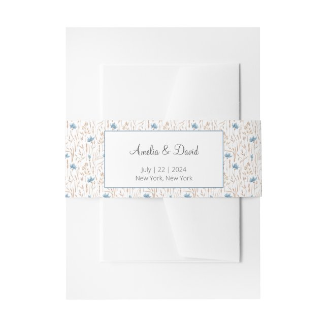 Summer Wedding Chic Blue Wildflowers Dried Grass Invitation Belly Band (Front Example)