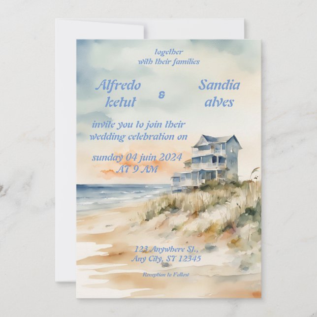 summer wedding invitations beach ocean blue (Front)