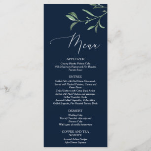 Summer Wedding Navy Blue Foliage Menu Card