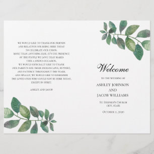 Summer wedding program folded. Green leaves