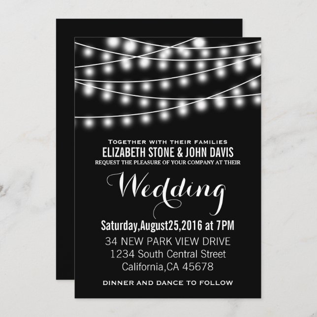 Summer Wedding String Lights Black Design Invitation (Front/Back)