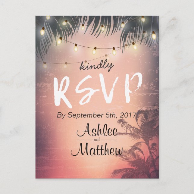 Summer Wedding String Lights Palm Tree RSVP Reply Invitation Postcard (Front)