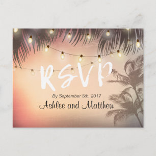 Summer Wedding String Lights Palm Tree RSVP Reply Invitation Postcard