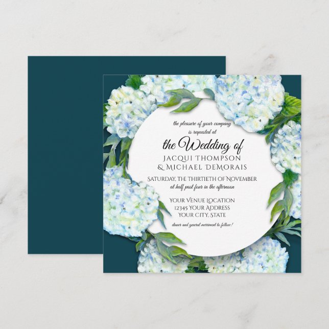 Summer Wedding White Hydrangea Floral Peacock Blue Invitation (Front/Back)