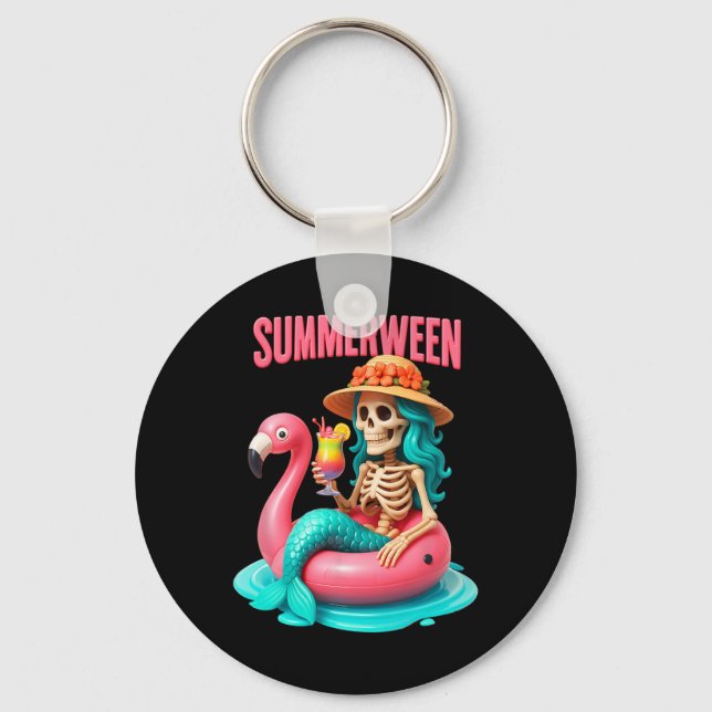 Summer-ween Mermaid Skeleton Flamingo Halloween Be Key Ring (Front)