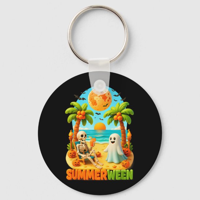 Summer-ween Skeleton Ghost Beach Palm Halloween Key Ring (Front)