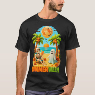 Summer-ween Skeleton Ghost Beach Palm Halloween Su T-Shirt