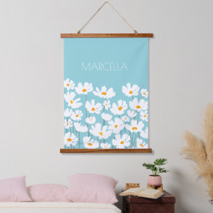 Summer White Cosmos Flowers Custom Name Hanging Tapestry