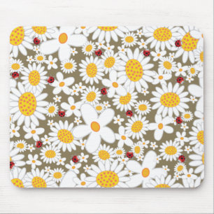 Summer White Daisies and Red Ladybugs On Brown Mouse Mat