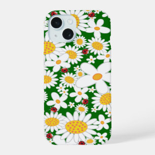Summer White Daisies and Whimsical Red Ladybugs iPhone 15 Case