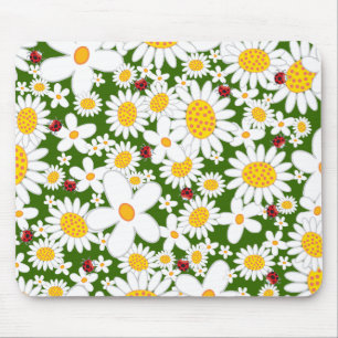 Summer White Daisies and Whimsical Red Ladybugs Mouse Mat
