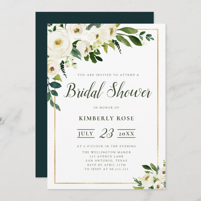 Summer white florals bridal shower invitation (Front/Back)