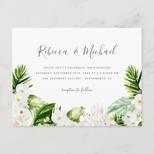 Summer White Flowers & Watercolor Greenery Wedding Invitation Postcard (Front)
