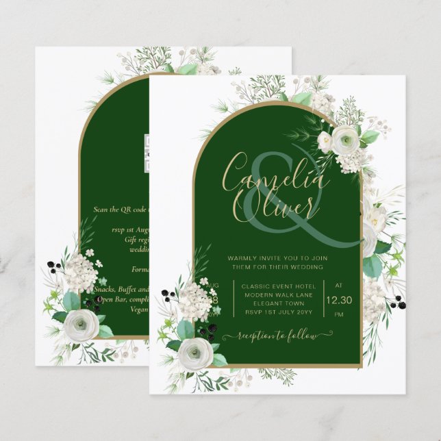 Summer White Roses Emerald Green Arch Wedding Inv (Front/Back)