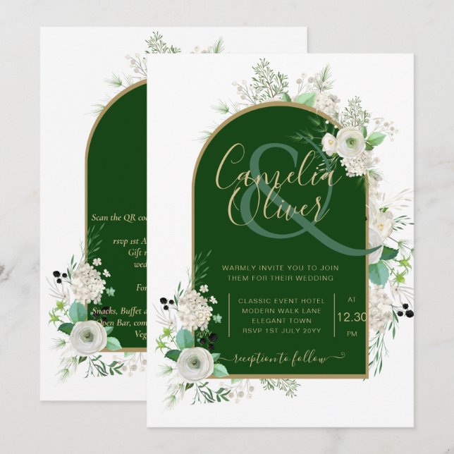 Summer White Roses Emerald Green Arch Wedding Inv Invitation (Front/Back)