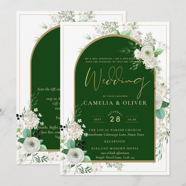 Summer White Roses Emerald Green Arch Wedding Invitation (Front/Back)