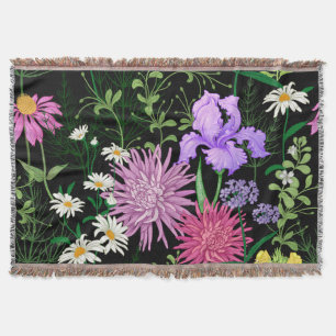 Summer Wild Flowers Seamless Sketch Throw Blanket
