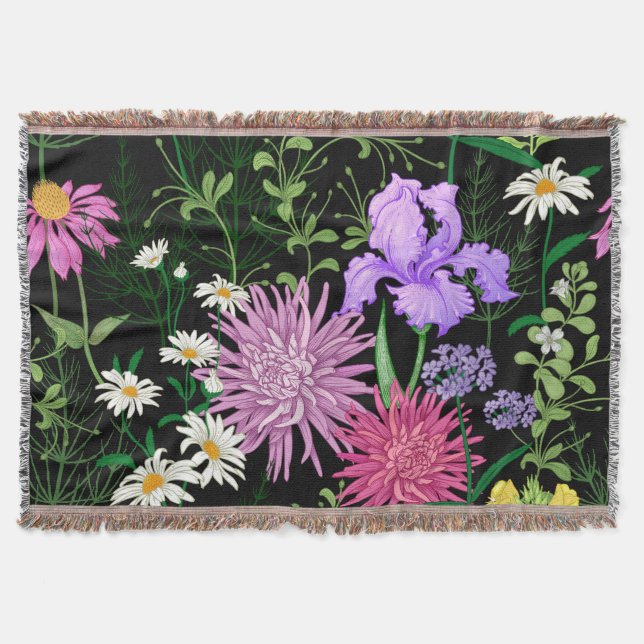 Summer Wild Flowers Seamless Sketch Throw Blanket (Front)