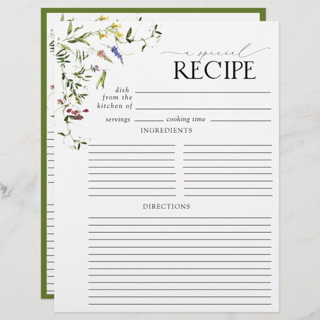 Summer Wildflower Bridal Shower Recipe Binder Page (Front/Back)